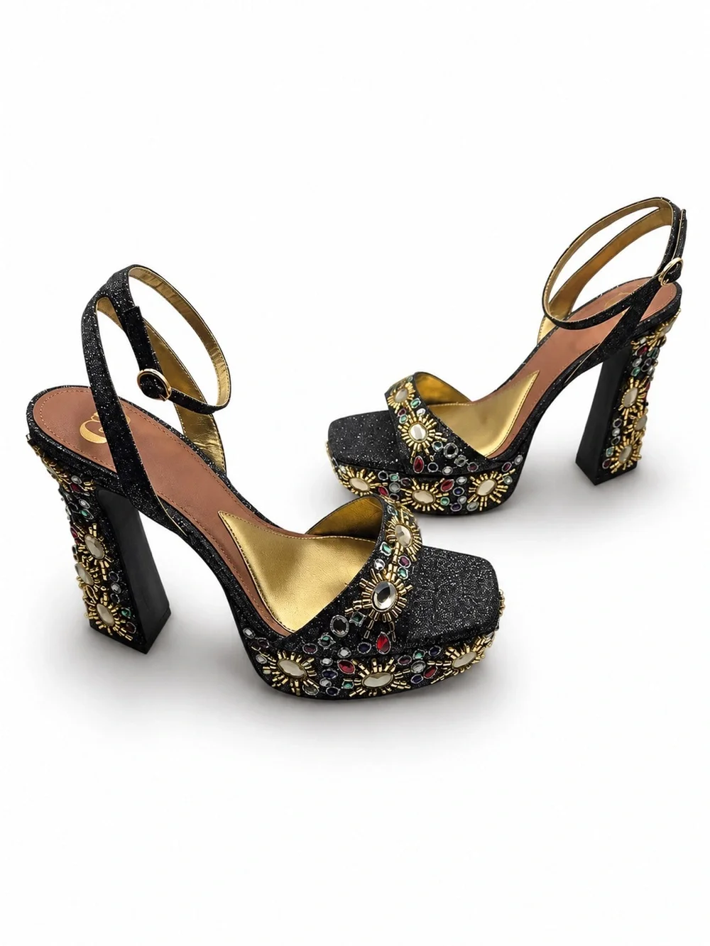 Gianni Bini Black Glitter Enchant-Ment Beaded Embellished Platform Heel Sandals